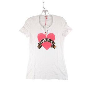 Fiorucci T-Shirt Womens Small White Heart Banner Short Sleeve Made in Italy NWT
